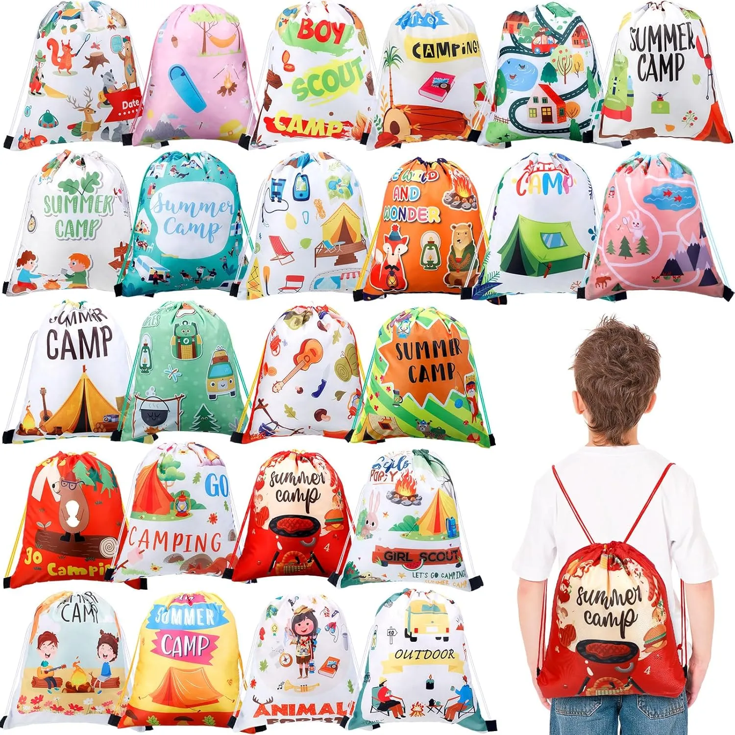 Talltalk 24 Pack Camping Party Drawstring Bags Camping Adventure Themed Backpack Candy Snack Goody Drawstring Bags Storage for Travel Hiking Adventure Party Supplies