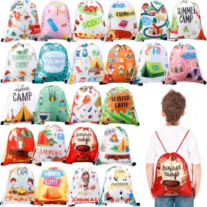 Talltalk 24 Pack Camping Party Drawstring Bags Camping Adventure Themed Backpack Candy Snack Goody Drawstring Bags Storage for Travel Hiking Adventure Party Supplies