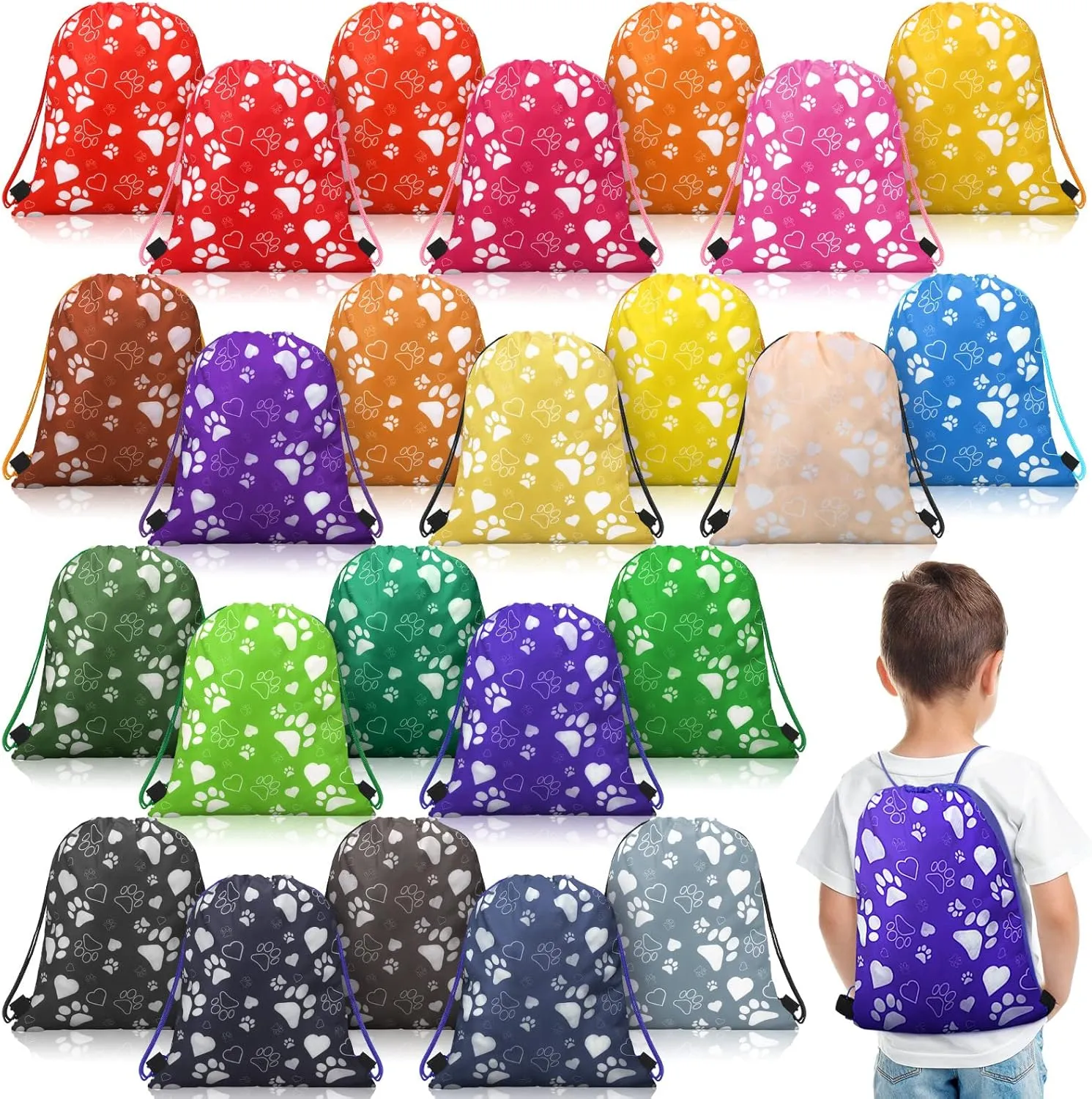 Talltalk 24 Pcs Paw Print Drawstring Backpack Puppy Footprint Drawing Bag Kids Birthday Pet Theme Party Favor Gift Candy Goodies Treat Drawstring Bags for Girls Boys Kids