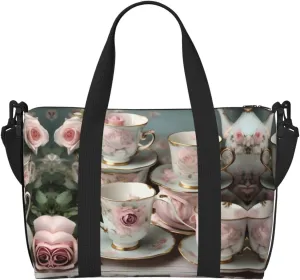 Tea Cups with Roses Romantic Duffel Bags for Traveling - Lightweight Personal Item Travel Bags for Women, Gym Bags for Men