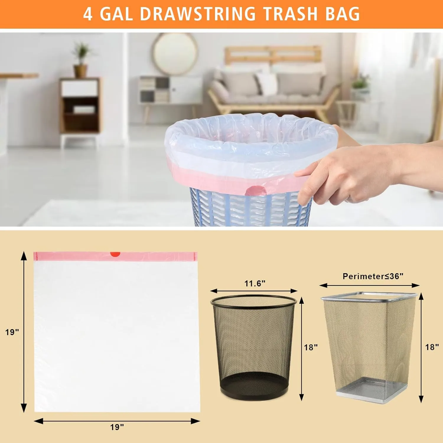 Tear-Free Drawstring Trash Bags, 4 Gallon Trash Bag, 12lb Load Bearing, High Temp Resistant, Fits 2-5 Gallon Trash Cans,Easy Pull Out, Durable Against Sharp Objects (200)