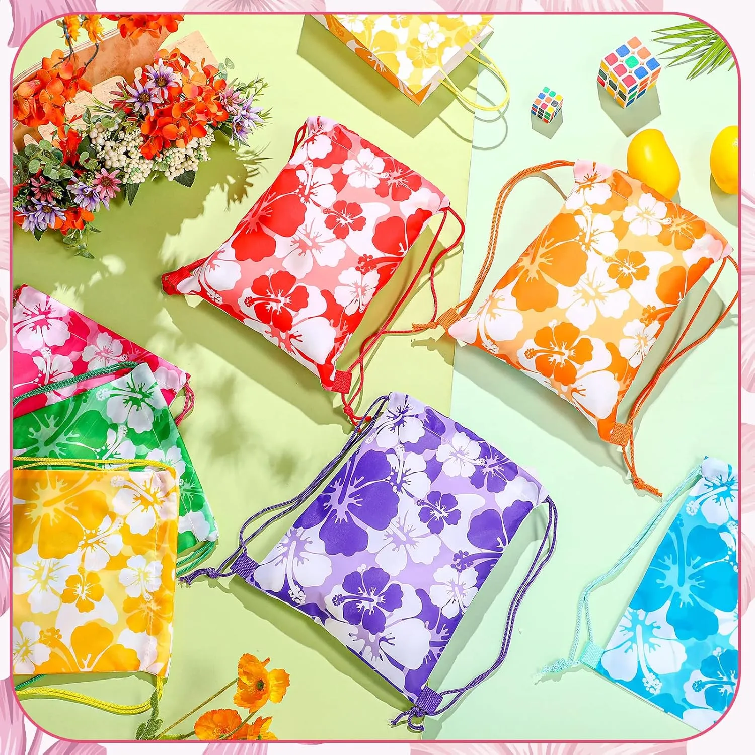 Teling Hibiscus Party Favors Bags Drawstring Luau Bag Tropical Gift Bags for Birthday Baby Shower Party Favor Packs(14 Pcs, Fresh Style)