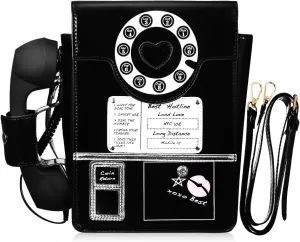 TENDYCOCO Telephone Shoulder Bag Women Phone Shaped Purse Retro Dial Crossbody Pu Movable Microphone Handbag Funny Tote, Black, Medium