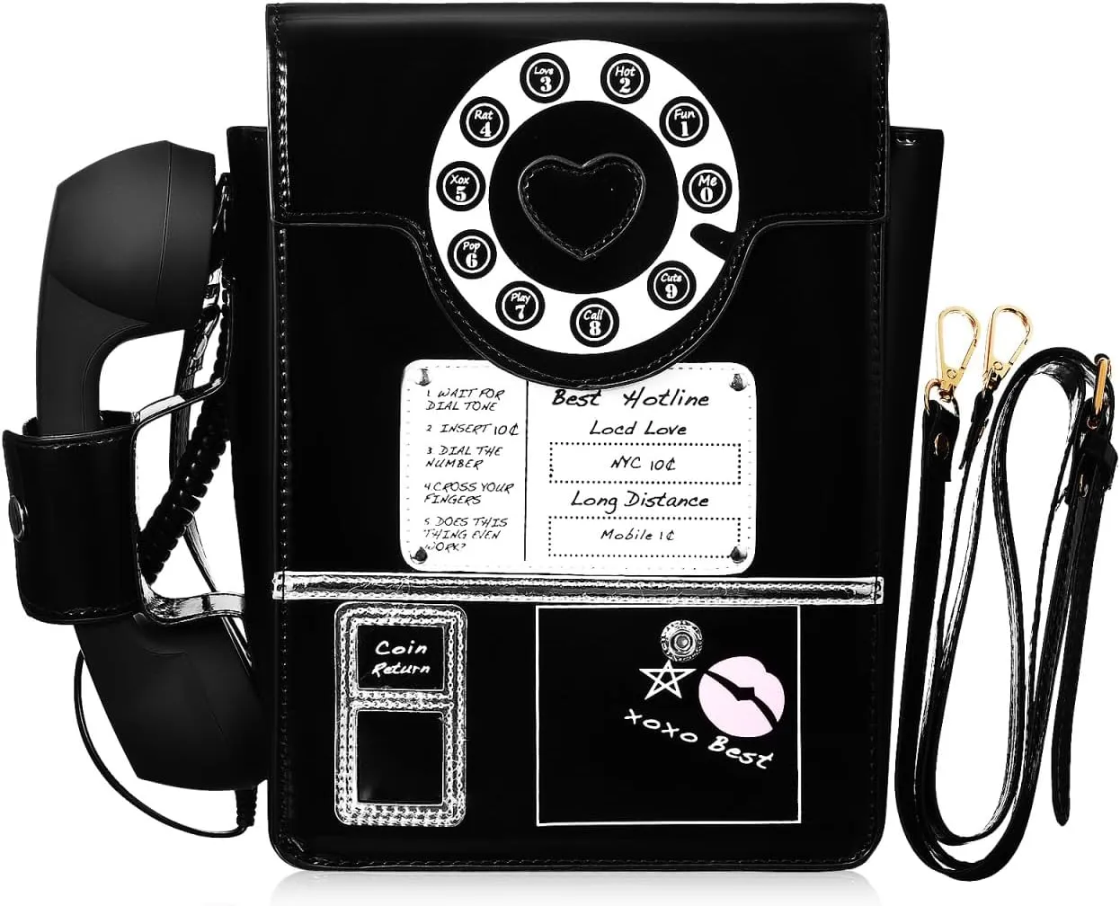 TENDYCOCO Telephone Shoulder Bag Women Phone Shaped Purse Retro Dial Crossbody Pu Movable Microphone Handbag Funny Tote, Black, Medium