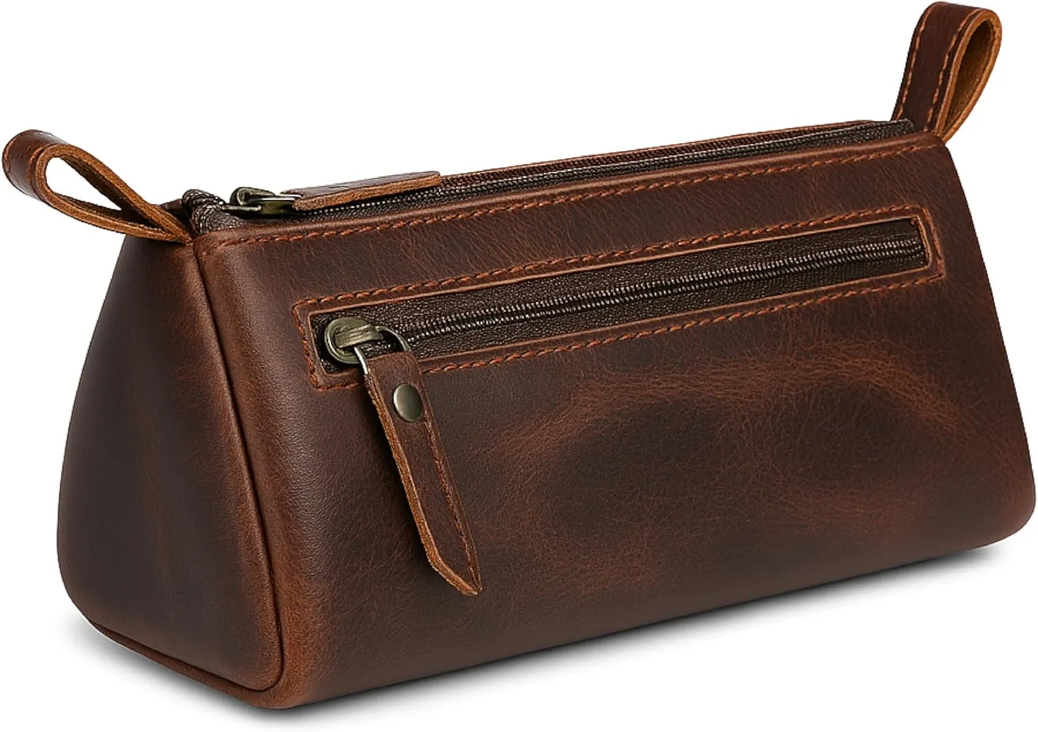 The Antiq Brown Leather Cosmetic Bags for Women Travel Cosmetic Cases - Multipurpose Zippered Makeup Bag, Small leather Cosmetic Case for Purse - Genuine Leather Makeup Bag Handmade Makeup Pouch