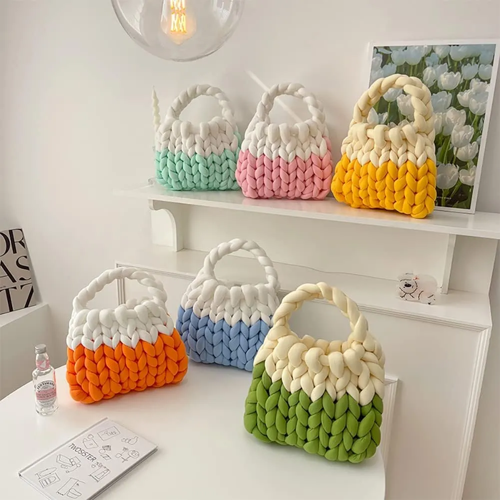Thick Cotton Wool Woven Handbag, Handmade Coarse Wool Knitted Bucket Bag, Diy Cool Purse,Casual Soft Shoulder