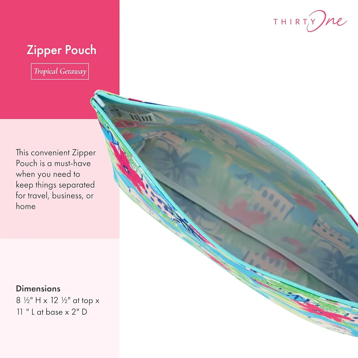 THIRTY-ONE Gifts Zipper Pouch, Large Zippered Pouch for Purse, Travel Bag, or Home Organization, Tropical Getaway