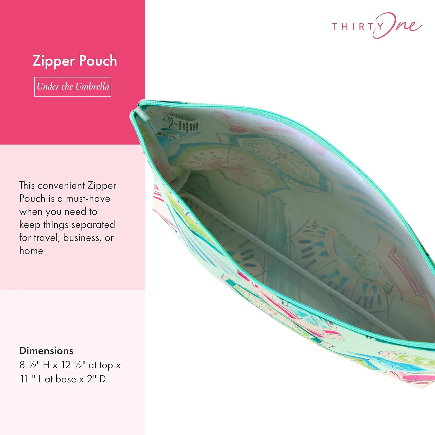 Thirty-One Gifts Zipper Pouch, Large Zippered Pouch for Purse, Travel Bag, or Home Organization, Under the Umbrella