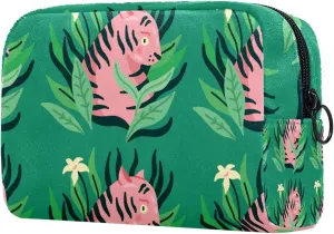 Tiger Surrounded by Leaves Green Small Makeup Bag for Purse, Portable Cosmetic Bag Zipper Makeup Pouch for Women, Stationery, Toiletries, Travel Accessories
