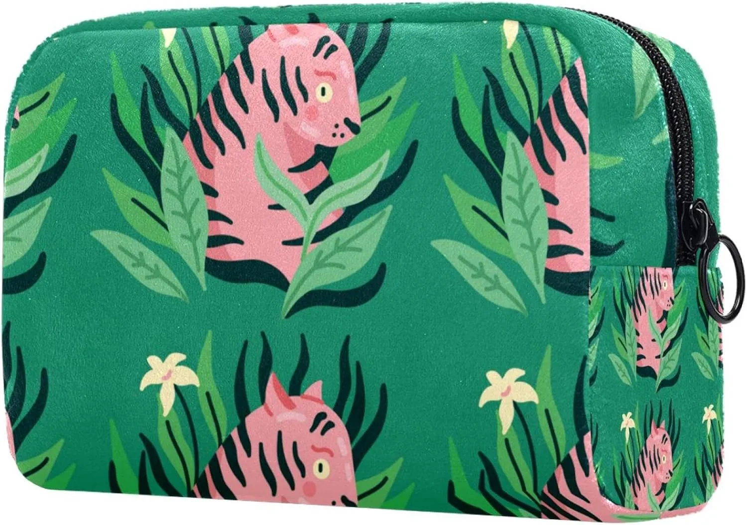 Tiger Surrounded by Leaves Green Small Makeup Bag for Purse, Portable Cosmetic Bag Zipper Makeup Pouch for Women, Stationery, Toiletries, Travel Accessories