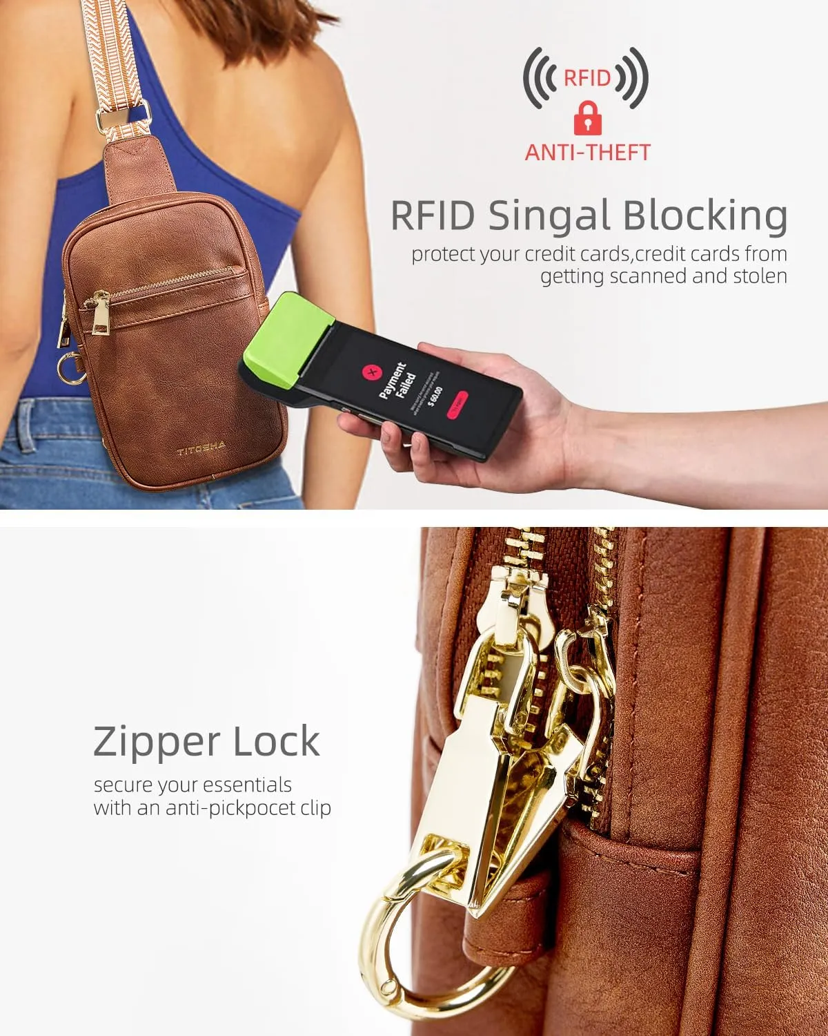 Titosha Anti Theft Small Sling Bags for Women RFID Blocking Cross Body Travel Purse Fanny Packs with Anti-Pickpocket Clip
