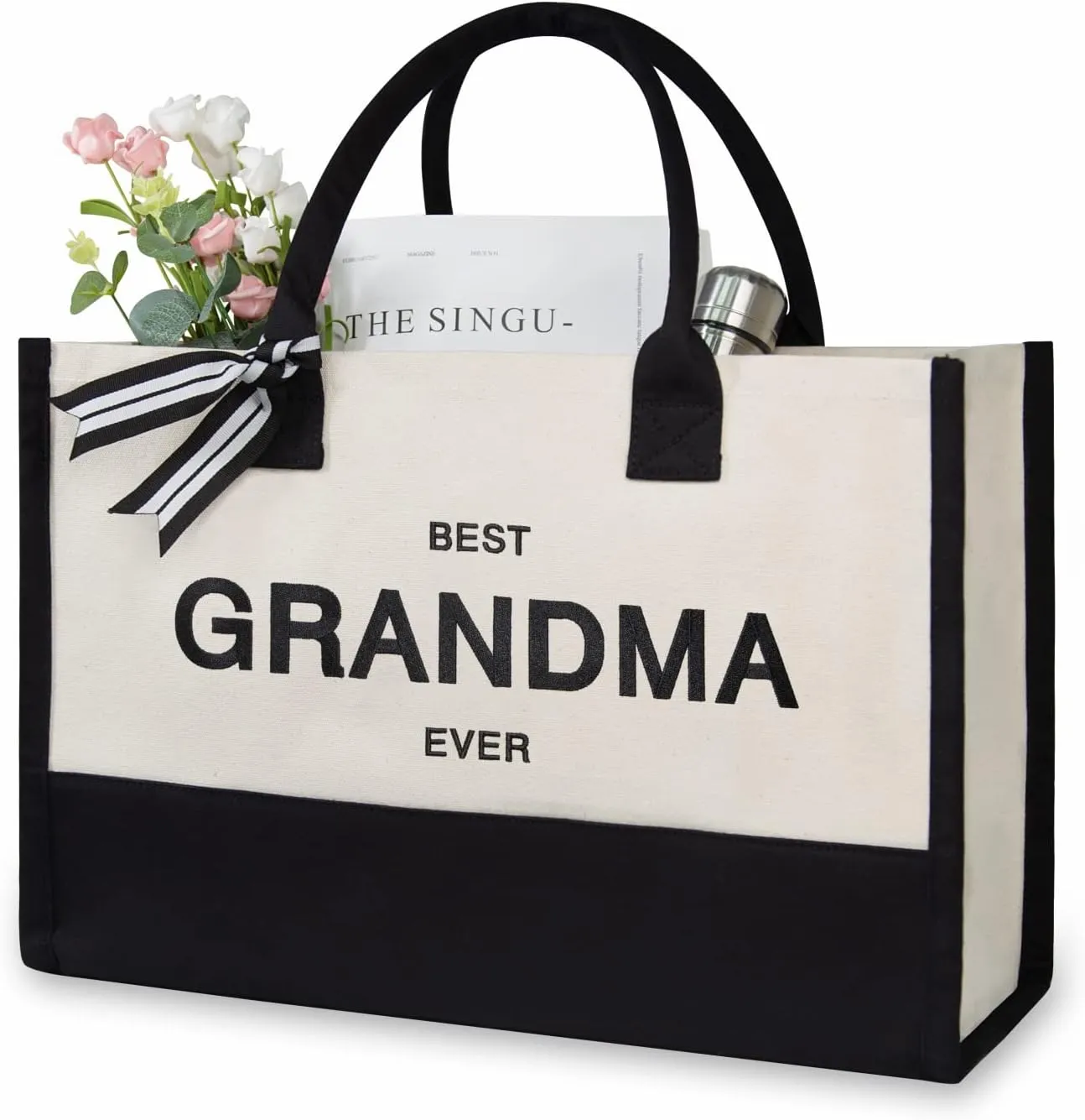 TOPDesign Embroidery Canvas Tote Bag for Women, Grandma Gifts from Grandchildren Granddaughter Grandson, Personalized Birthday, Mothers Day Present, Ideal for Beach, Holiday