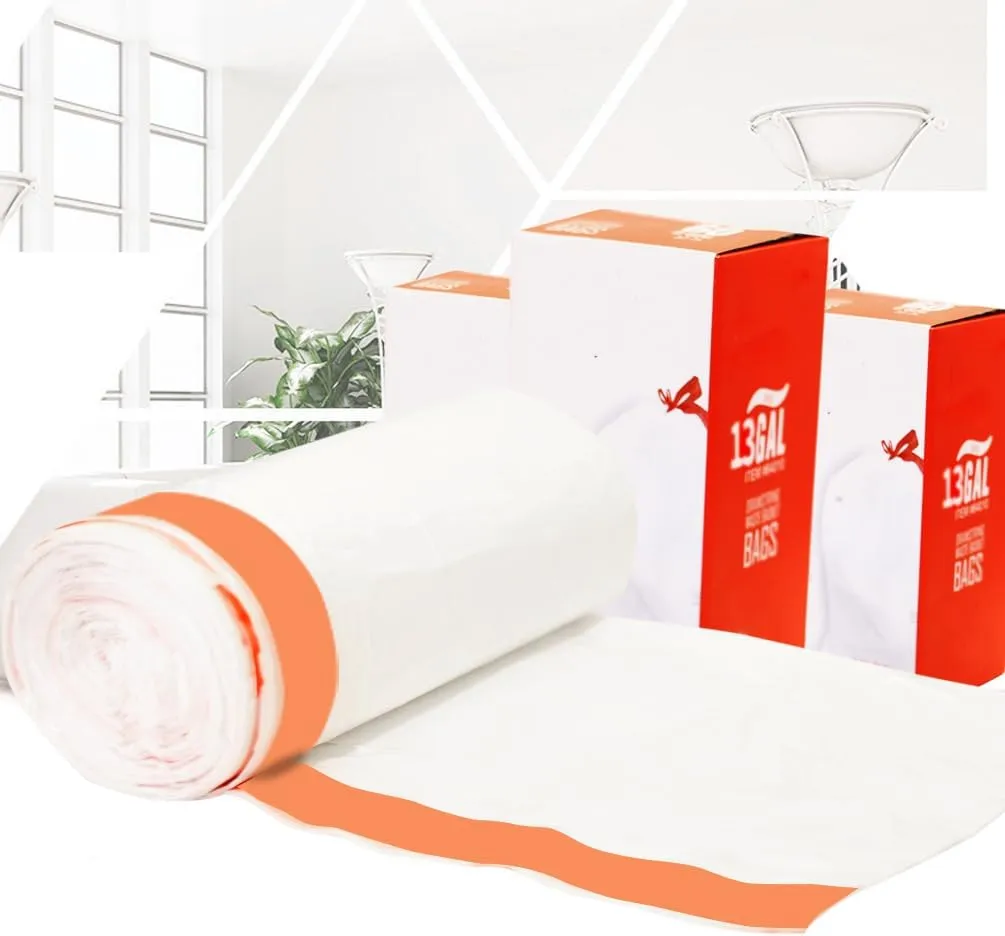 Trash Bags 13 Gallon, 45 Pcs White Trash Can Liners, Red Strap Kitchen Garbage Bags With Drawstring Tighten Quickly Pack Garbage