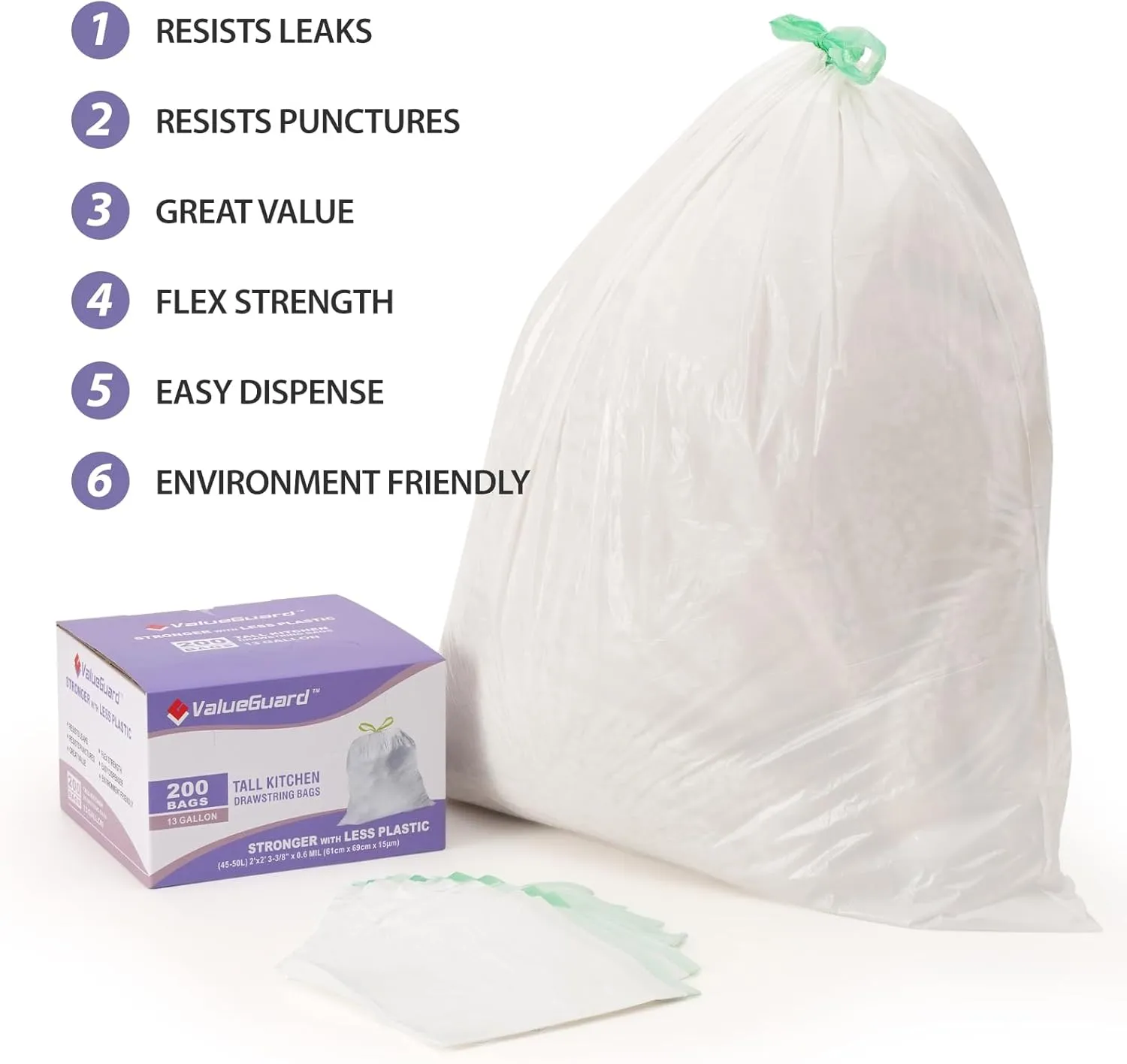 Trash Bags Garbage Bag 13 Gallon Drawstring Tall Waste Bag for Kitchen Office Party 0.6 Mil (200 Count)