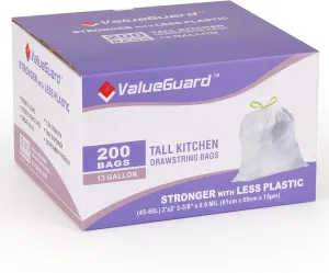 Trash Bags Garbage Bag 13 Gallon Drawstring Tall Waste Bag for Kitchen Office Party 0.6 Mil (200 Count)