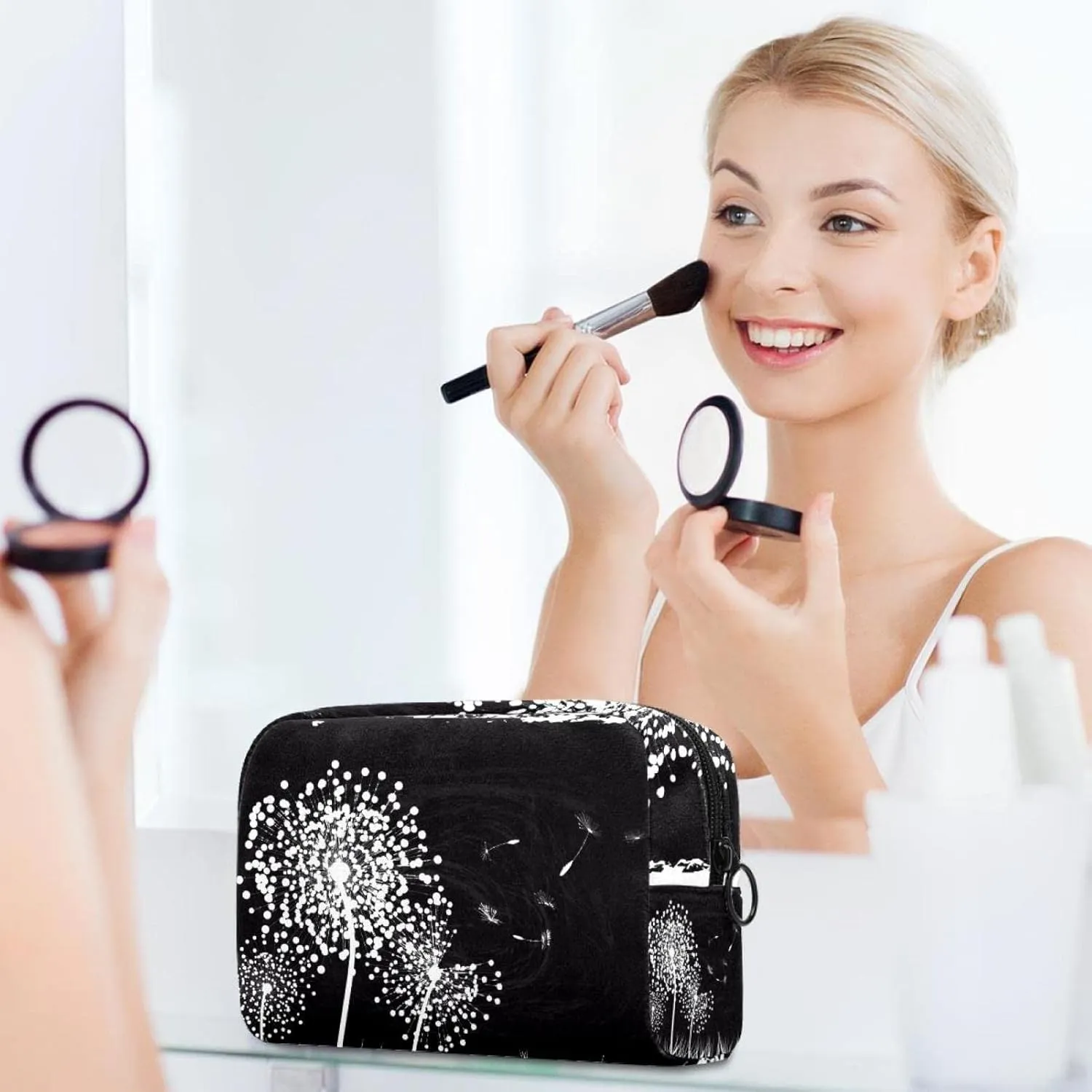 Travel Makeup Bag for Women, Black and White Dandelion Background Travel Cosmetic Bag Pencil Case Portable Makeup Pouch Toiletry Bag for Girls