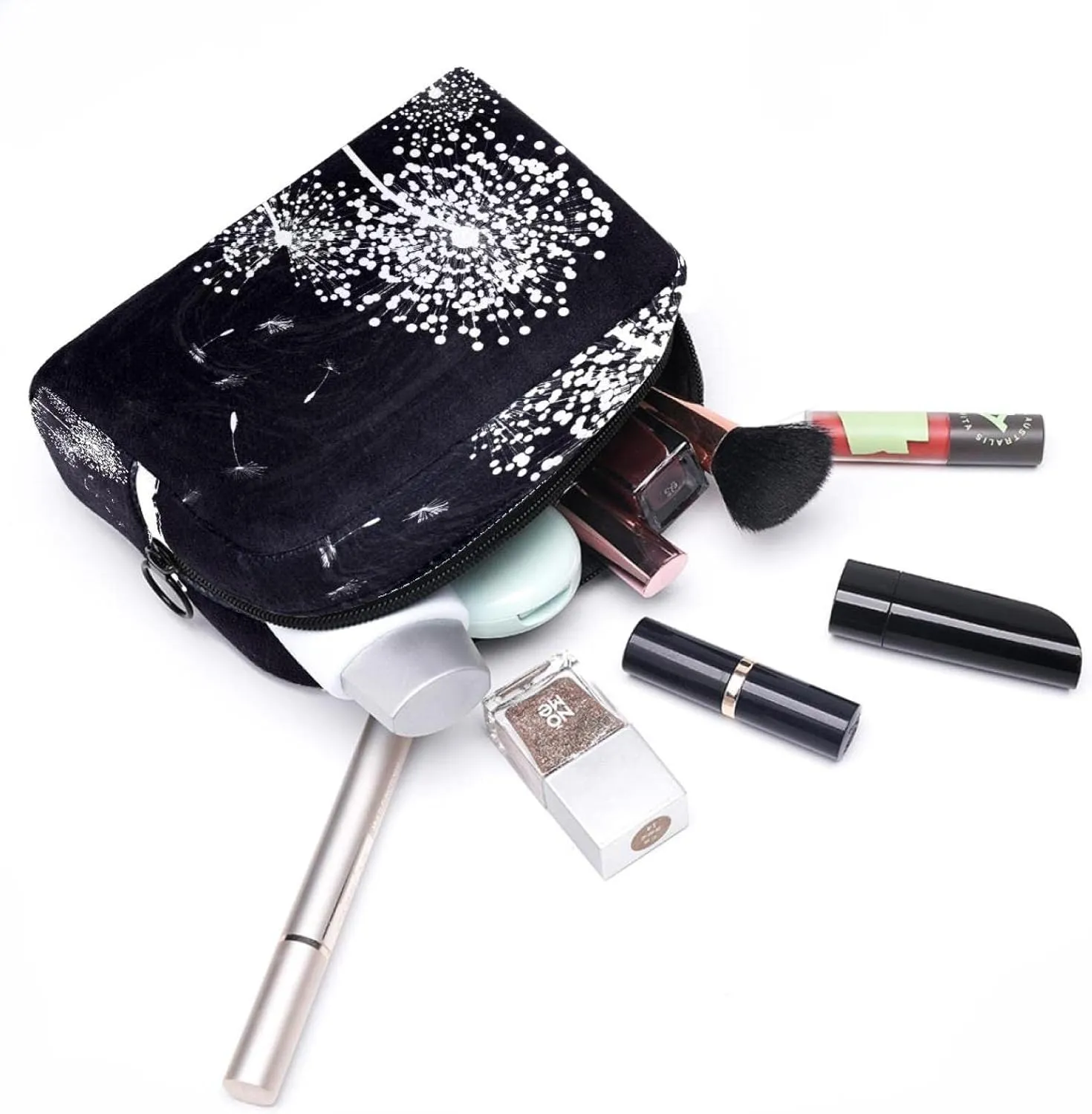 Travel Makeup Bag for Women, Black and White Dandelion Background Travel Cosmetic Bag Pencil Case Portable Makeup Pouch Toiletry Bag for Girls