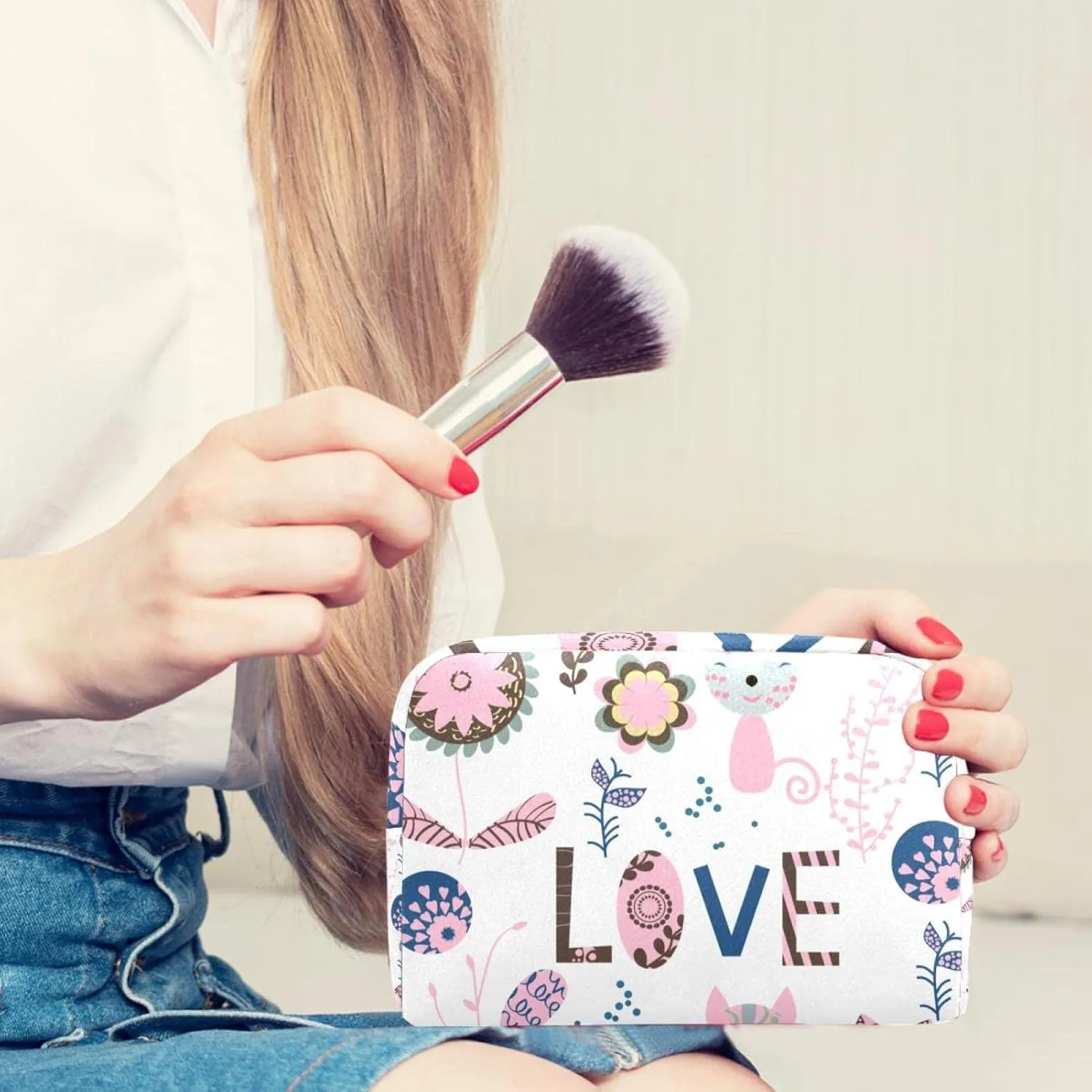 Travel Makeup Bag for Women, Cute Flowers and Animals Travel Cosmetic Bag Pencil Case Portable Makeup Pouch Toiletry Bag for Girls