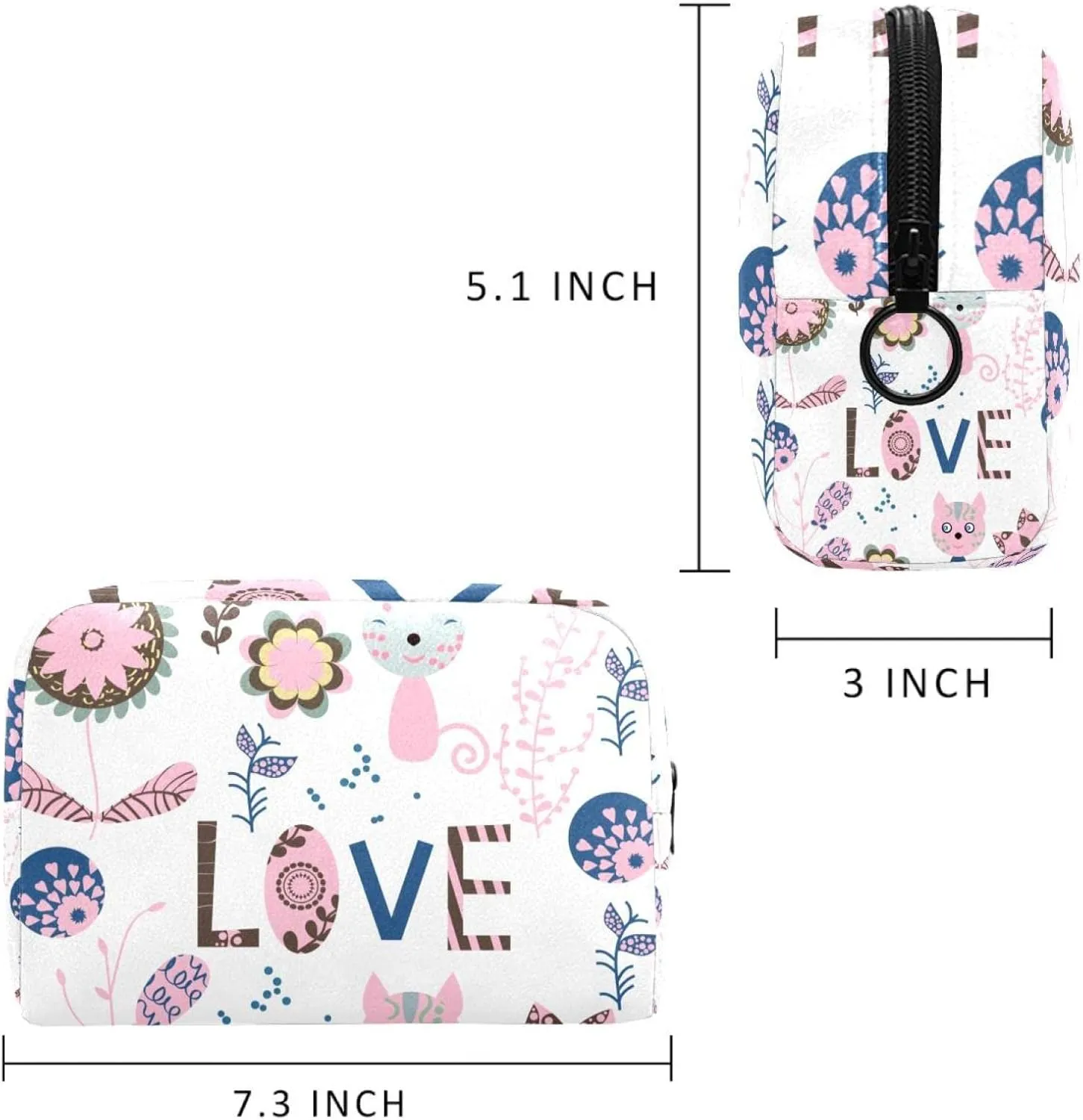 Travel Makeup Bag for Women, Cute Flowers and Animals Travel Cosmetic Bag Pencil Case Portable Makeup Pouch Toiletry Bag for Girls