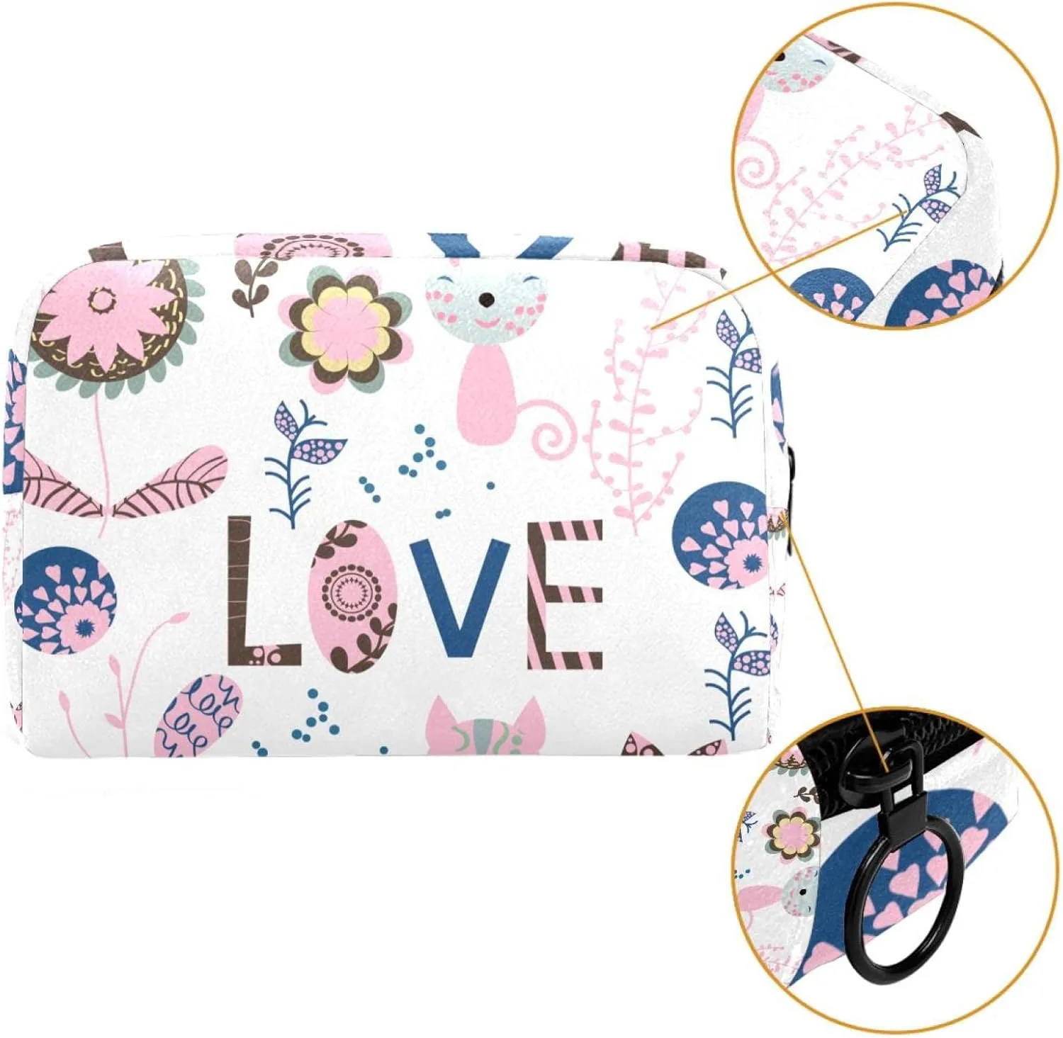 Travel Makeup Bag for Women, Cute Flowers and Animals Travel Cosmetic Bag Pencil Case Portable Makeup Pouch Toiletry Bag for Girls