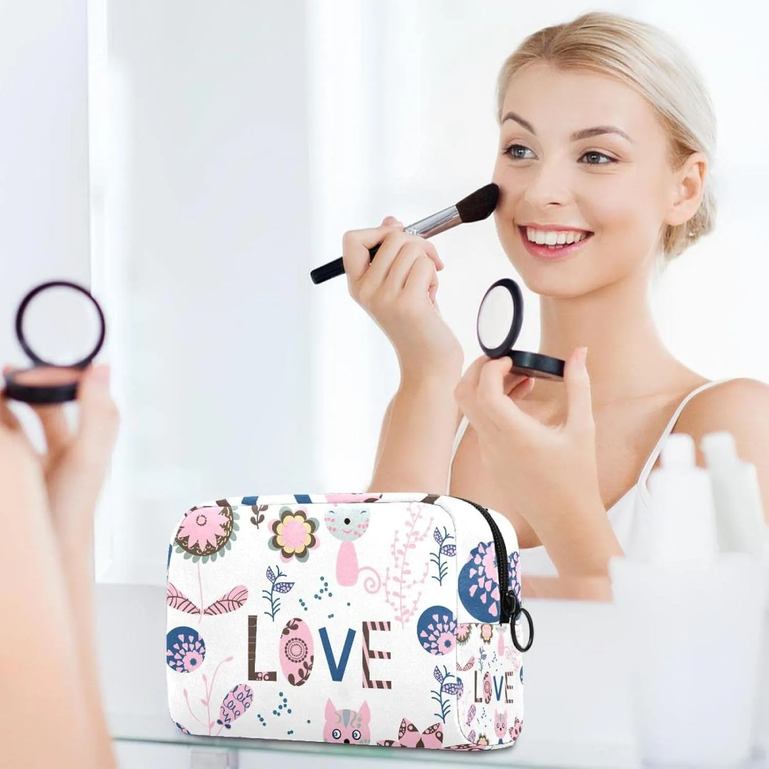 Travel Makeup Bag for Women, Cute Flowers and Animals Travel Cosmetic Bag Pencil Case Portable Makeup Pouch Toiletry Bag for Girls