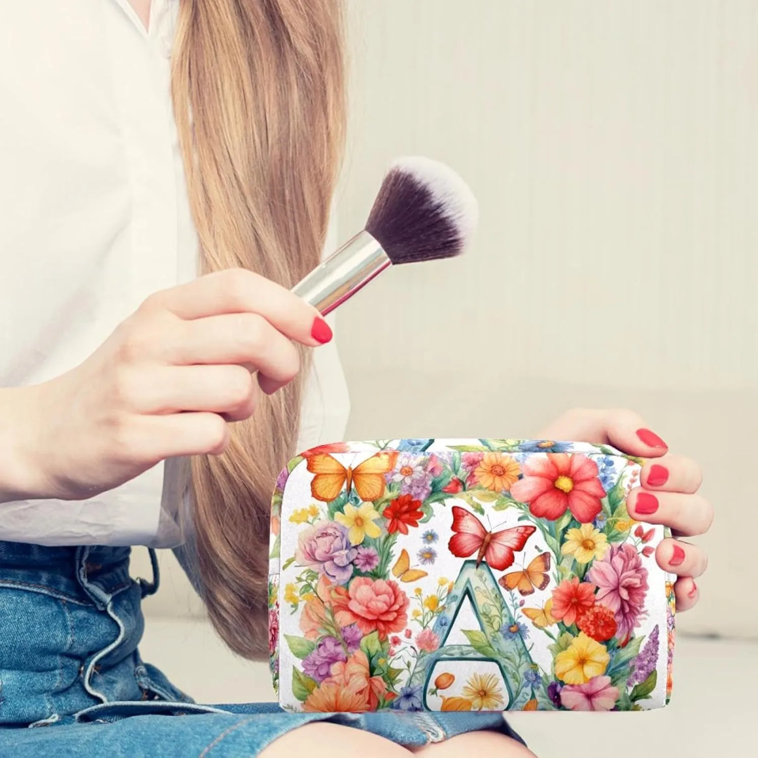 Travel Makeup Bag for Women, Letter a Surrounded by Flowers Butterflies Watercolor Pattern Travel Cosmetic Bag Pencil Case Portable Makeup Pouch Toiletry Bag for Girls