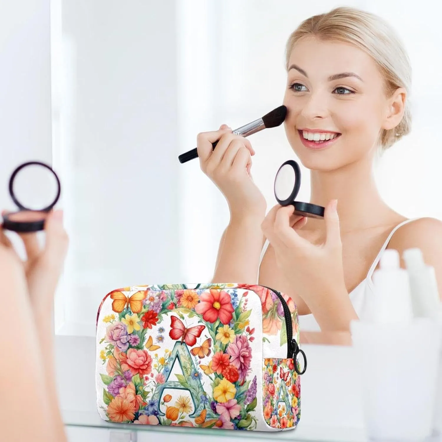 Travel Makeup Bag for Women, Letter a Surrounded by Flowers Butterflies Watercolor Pattern Travel Cosmetic Bag Pencil Case Portable Makeup Pouch Toiletry Bag for Girls