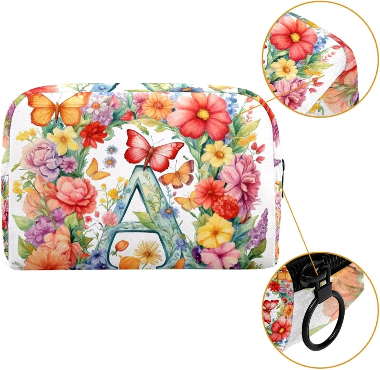 Travel Makeup Bag for Women, Letter a Surrounded by Flowers Butterflies Watercolor Pattern Travel Cosmetic Bag Pencil Case Portable Makeup Pouch Toiletry Bag for Girls