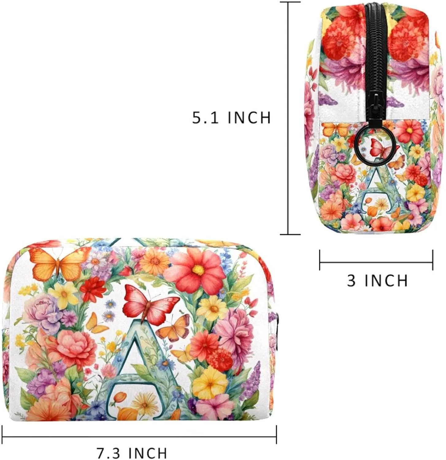 Travel Makeup Bag for Women, Letter a Surrounded by Flowers Butterflies Watercolor Pattern Travel Cosmetic Bag Pencil Case Portable Makeup Pouch Toiletry Bag for Girls