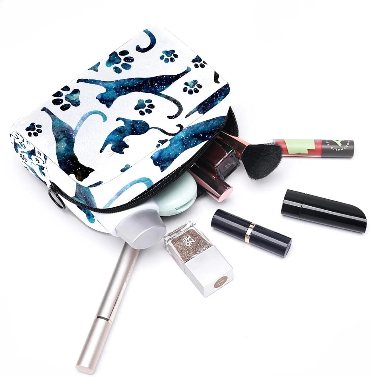 Travel Makeup Bag for Women, Starry Sky Galaxy Cats Travel Cosmetic Bag Pencil Case Portable Makeup Pouch Toiletry Bag for Girls