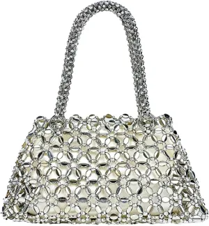 Trendy Women Acrylic Clutch Bag Hollow Out Metallic Tote Purse Shining Beaded Woven Evening Handbag for Prom Party