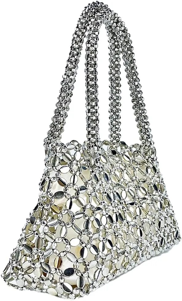 Trendy Women Acrylic Clutch Bag Hollow Out Metallic Tote Purse Shining Beaded Woven Evening Handbag for Prom Party