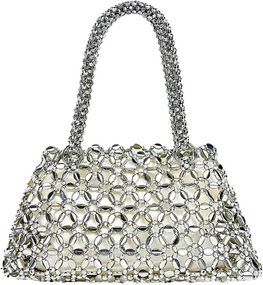 Trendy Women Acrylic Clutch Bag Hollow Out Metallic Tote Purse Shining Beaded Woven Evening Handbag for Prom Party