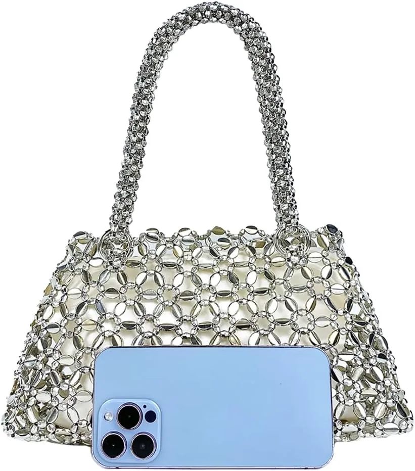 Trendy Women Acrylic Clutch Bag Hollow Out Metallic Tote Purse Shining Beaded Woven Evening Handbag for Prom Party
