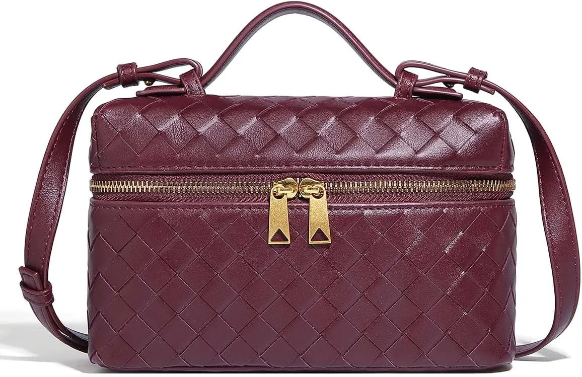 Trendy Woven Crossbody Purse Bag for Women Cute Shoulder Bag Square Box Bags Mini PU Leather Top Handle Purses Handbag