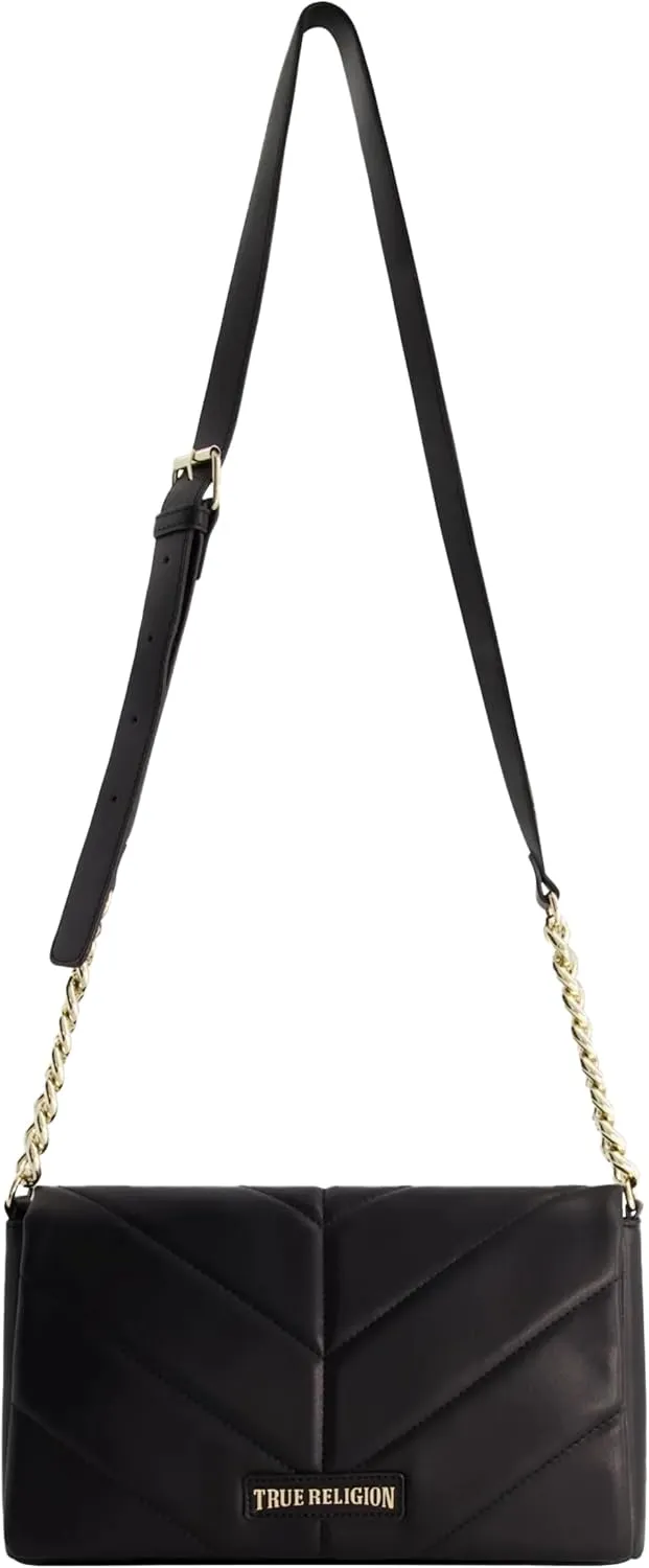 True Religion Women's Crossbody Bag Purse, Quilted Logo Flap Shoulder Handbag with Adjustable Chain Strap