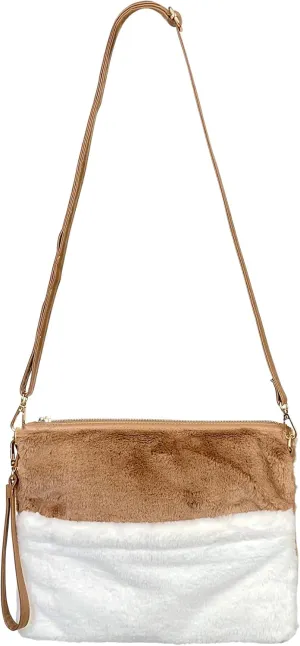 Two Toned Faux Fur Crossbody Bag - Wristlet Purse, Fluffy Fuzzy Shoulder Handbag - Zippered Furry Clutch Adjustable Strap