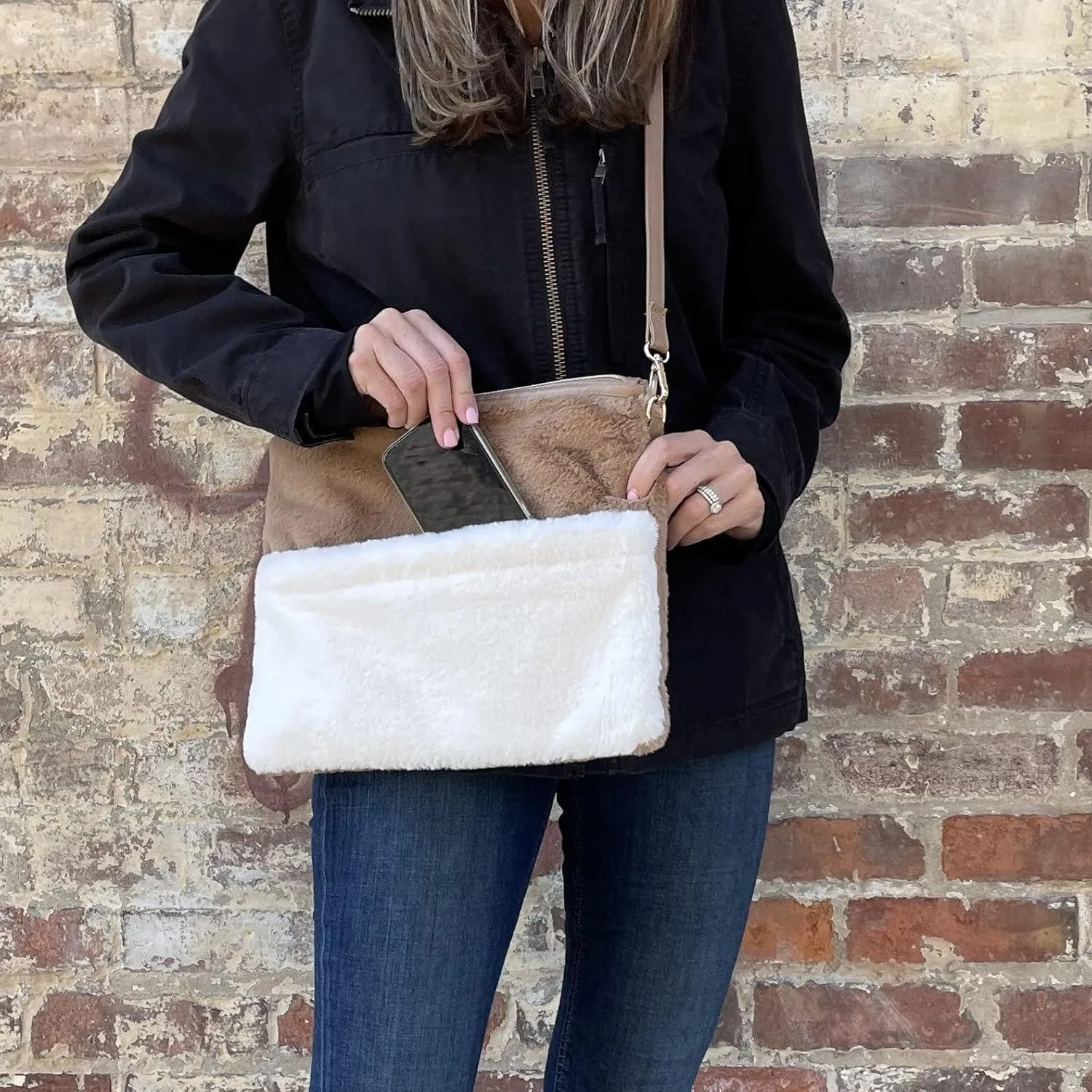 Two Toned Faux Fur Crossbody Bag - Wristlet Purse, Fluffy Fuzzy Shoulder Handbag - Zippered Furry Clutch Adjustable Strap