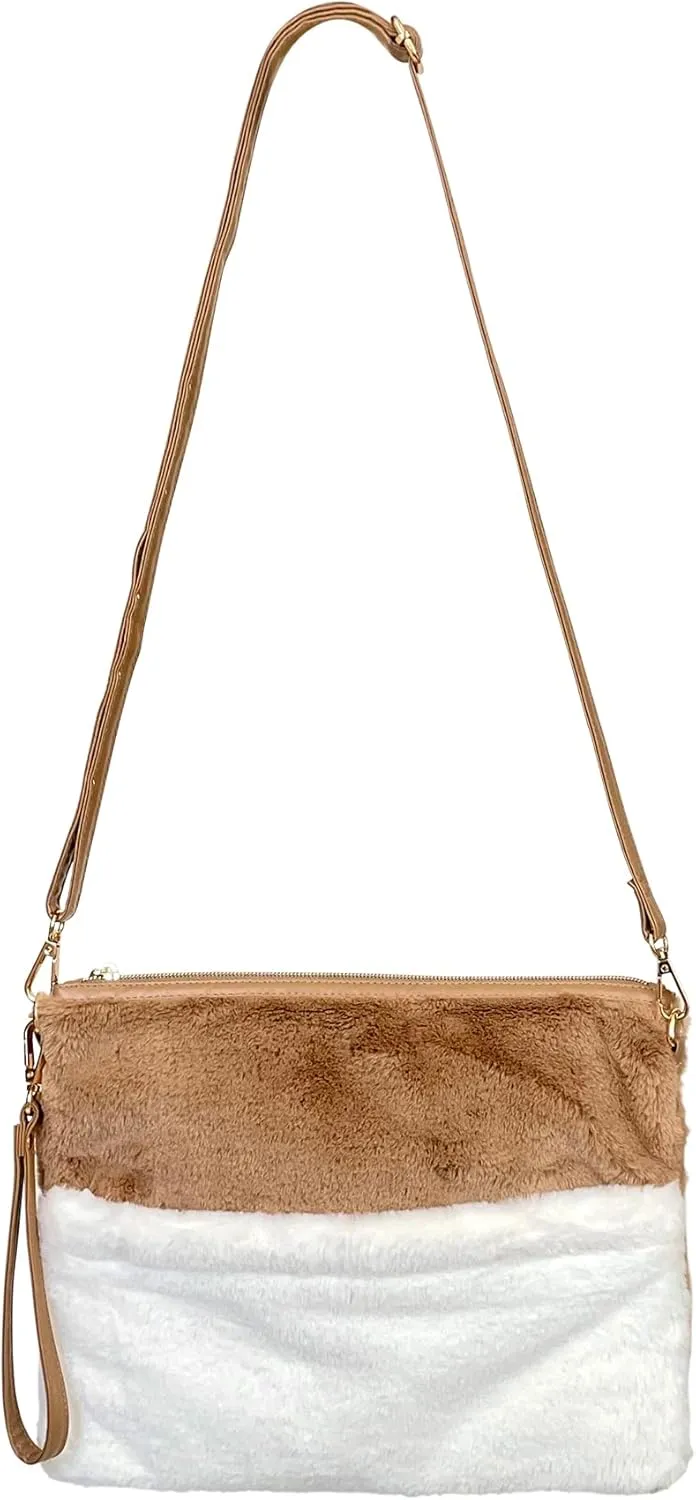 Two Toned Faux Fur Crossbody Bag - Wristlet Purse, Fluffy Fuzzy Shoulder Handbag - Zippered Furry Clutch Adjustable Strap