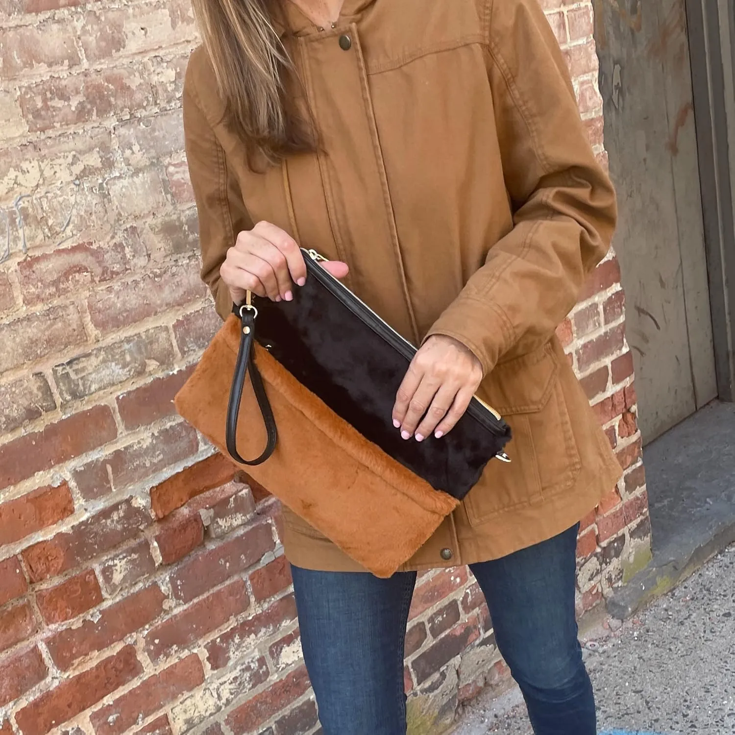 Two Toned Faux Fur Crossbody Bag - Wristlet Purse, Fluffy Fuzzy Shoulder Handbag - Zippered Furry Clutch Adjustable Strap