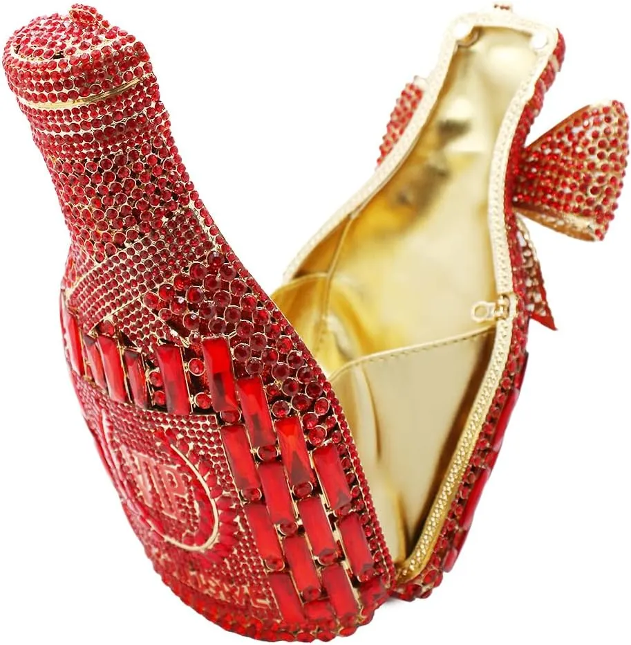 UMREN Women Champagne Bottle Rhinestone Evening Bag Sweet Bow Crystal Purse Clutch Unique Handbag Cocktail Party Shoulder Bag