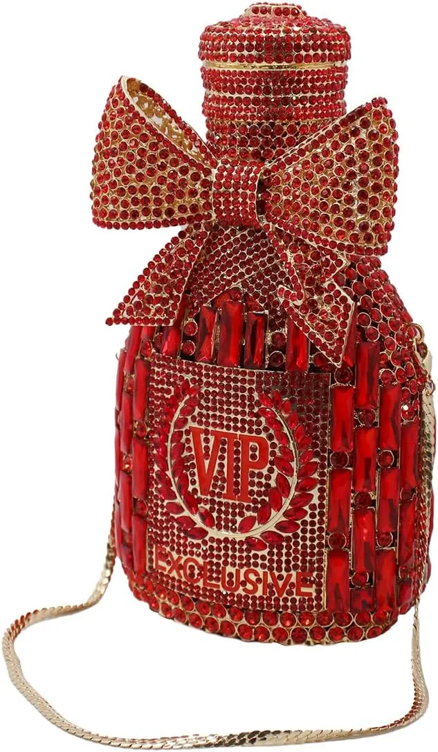 UMREN Women Champagne Bottle Rhinestone Evening Bag Sweet Bow Crystal Purse Clutch Unique Handbag Cocktail Party Shoulder Bag