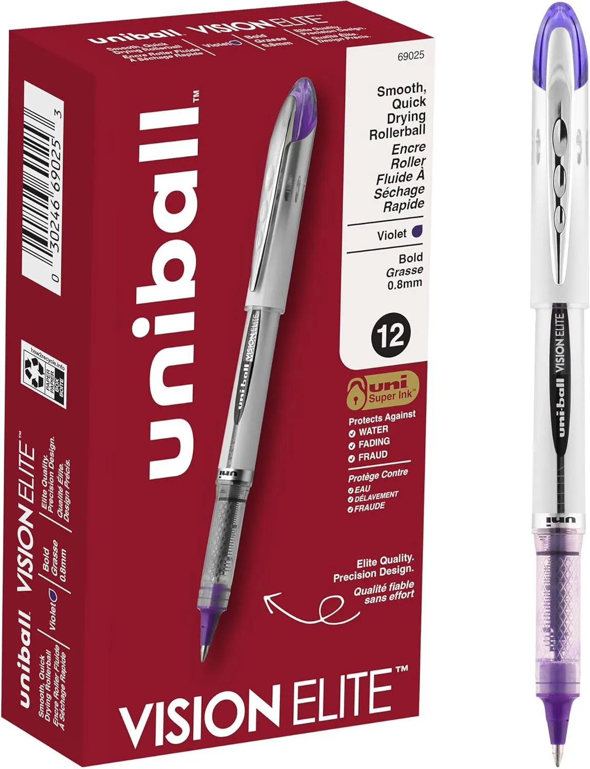 uniball Vision Elite Roller Ball Pen, Stick, Bold 0.8 Mm, Purple Ink, White/purple Barrel