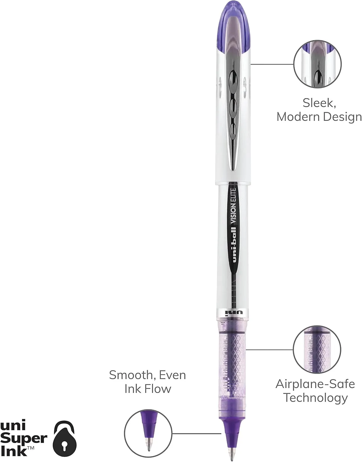 uniball Vision Elite Roller Ball Pen, Stick, Bold 0.8 Mm, Purple Ink, White/purple Barrel
