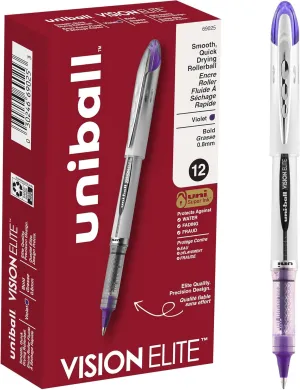 uniball Vision Elite Roller Ball Pen, Stick, Bold 0.8 Mm, Purple Ink, White/purple Barrel