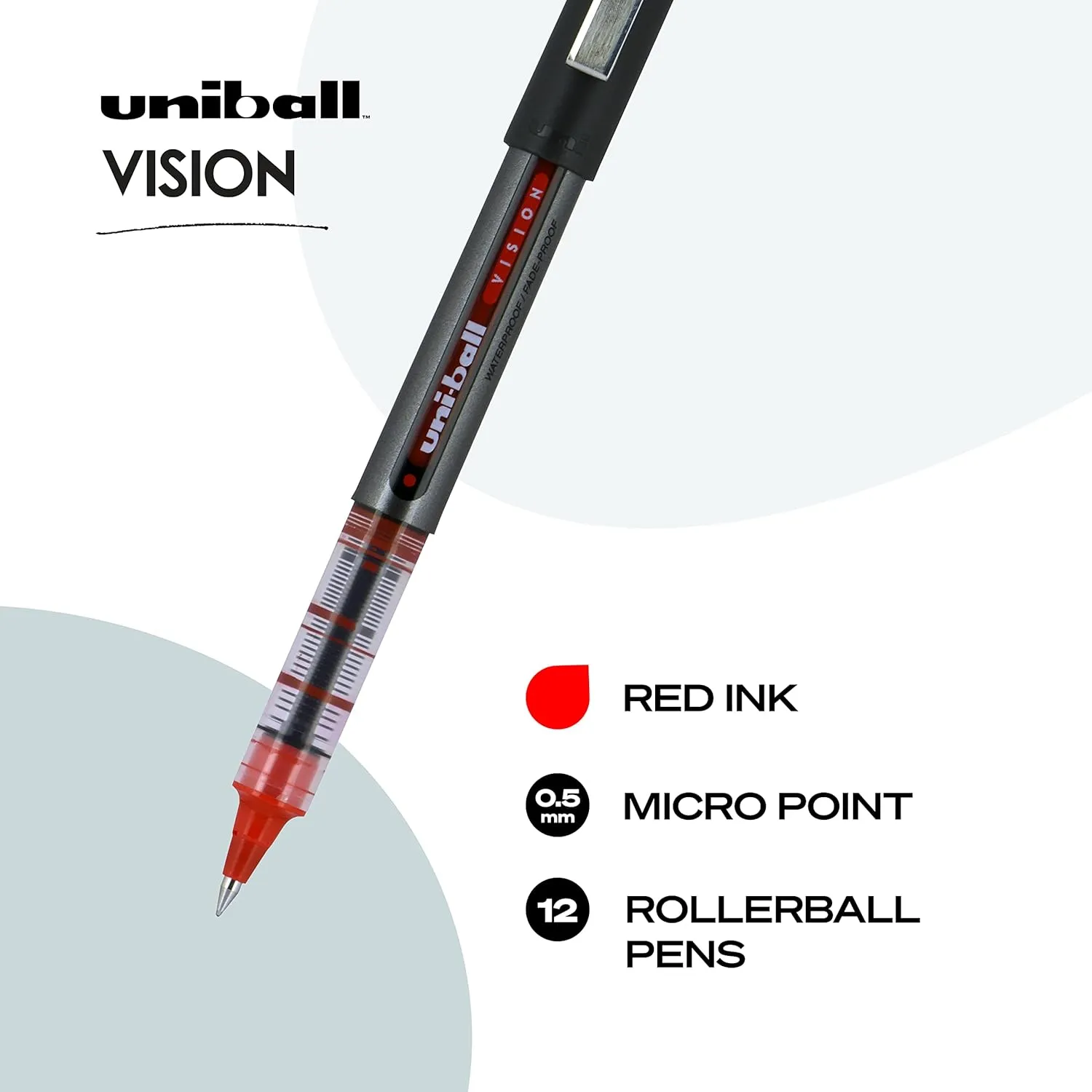 uniball Vision Roller Ball Pen, Stick, Micro 0.5 Mm, Red Ink, Gray/red Barrel, Dozen