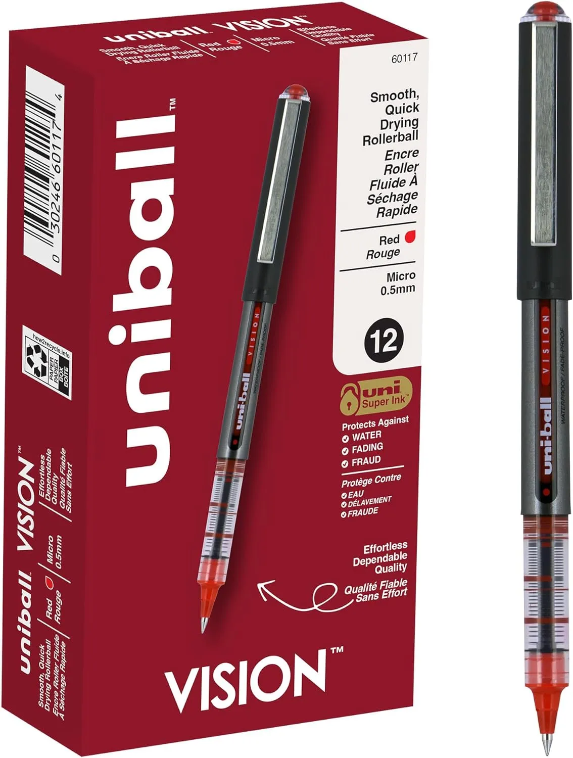 uniball Vision Roller Ball Pen, Stick, Micro 0.5 Mm, Red Ink, Gray/red Barrel, Dozen
