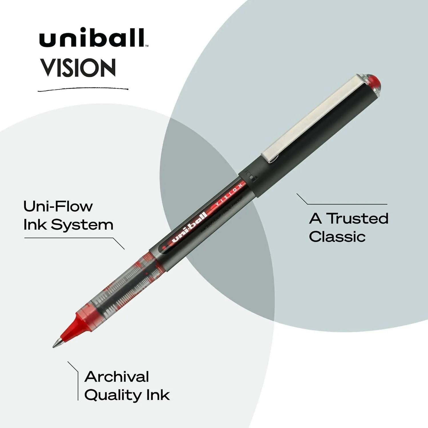 uniball Vision Roller Ball Pen, Stick, Micro 0.5 Mm, Red Ink, Gray/red Barrel, Dozen