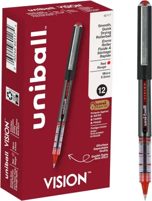 uniball Vision Roller Ball Pen, Stick, Micro 0.5 Mm, Red Ink, Gray/red Barrel, Dozen