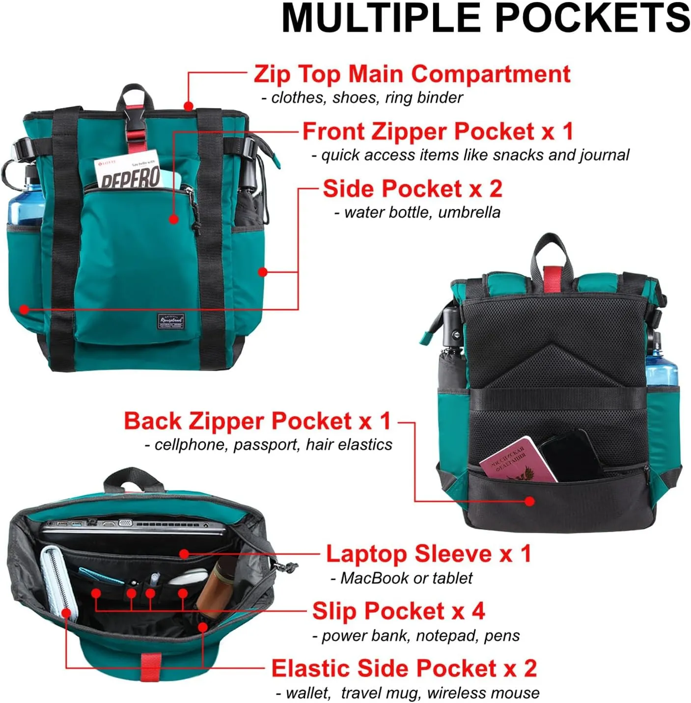 Unisex Laptop Tote Backpack Convertible Lightweight Nylon Water-Resistant Everyday Shoulder Tote bag Backpack with Water Bottle Pocket Work Travel, Peacock Blue